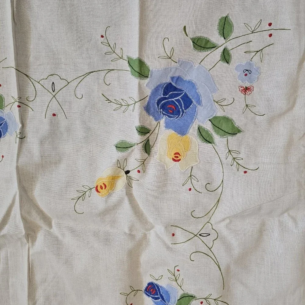 Rectangle Tablecloth Floral Blue Yellow Embroidered 12 Napkins White‎ 63 X 100